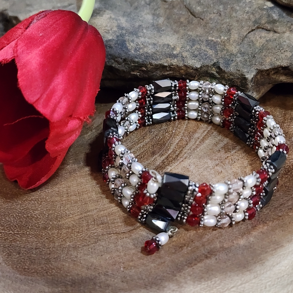 Y2K Hematite Magnetic Wrap Bracelet with Red, Silver-Tone And Faux Pearls